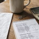 Grocery receipt, notepad of crossed-out monthly expenses, calculator, and coins on a wooden table beside a coffee mug