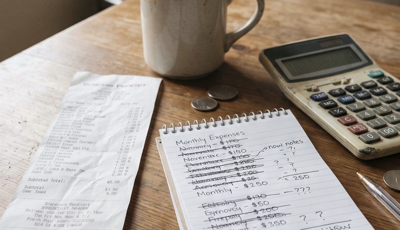 Grocery receipt, notepad of crossed-out monthly expenses, calculator, and coins on a wooden table beside a coffee mug